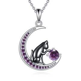 YAFEINI Black Cat Necklace Sterling Silver June Birthstone Necklace Cat Jewelry for Women