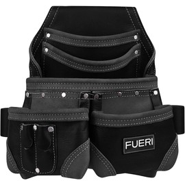FUERI Leather Tools Pouch Carpenter Electrician Belt Storage Organizer 5 Pocket Small Bag for Professional Heavy Duty Construction Framers Tool Belts Pouches Bags – Black
