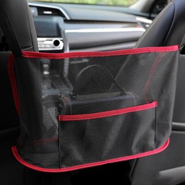 ZIMISI Car Net Pocket Handbag Holder, Auto Storage Organizer Between Front Seats, Large Capacity Vehicle Driver Storage Netting Pouch, Pet/Kids Car Barrier Accessories for Purse, Document (Red)