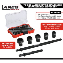 ARES 27087 – Nut Driver Set – Metric Magnetic 7-Piece – Detachable and Cleanable – Radial 6 Point Drive Sockets Load on Flats - Removable Socket Ends for Easy Cleaning – Heavy Duty CR-V Steel