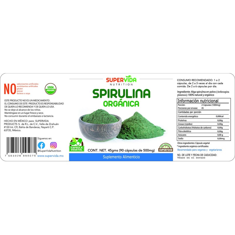 Spirulina Orgánica 180 Cápsulas (2 Frascos de 90 Cápsulas Vegetales