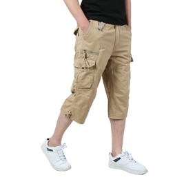 iMackky Men's 3/4 Cargo Shorts Elastic Below Knee Capri Long Shorts Casual Loose Fit with 7 Pockets Khaki 33