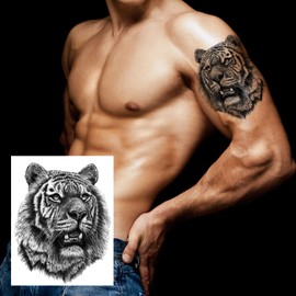 PADOUN Large Temporary Tattoos for Men, 6-Sheet Black Lion King Tiger Tattoo Stickers Half Arm Sleeves for Women Kids, Realistic Fake Tattoos Long Lasting Tattoos Waterproof