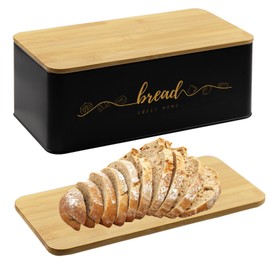 Holismo Bread Box with Bamboo Cutting Board Lid, Metal Bread Box for Kitchen Counter, Small Bread Storage Container, Black Bread bin for Kitchen Countertop
