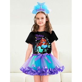 Doctor Unicorn Birthday Girls Mermaid Outfit Set Costume Tutu Skirt Dress, Mermaid Birthday Shirt, Headband & Satin Sash (Black-1, 5-6 Years)