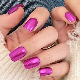 Purple Chrome Press On Nails Short Square, Purple Fake Nails Mirror Chrome Glossy Acrylic Full Cover False Nails, Nail File And Adhesive Tabs Included, Stick Glue On Nails for Women Girls