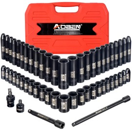 AOBEN 1/4-Inch Drive Impact Socket Set, 54 Pieces, 6 Point, SAE/Metric, Deep/Standard, Cr-V Steel, Includes Extension bars and Socket Adapter