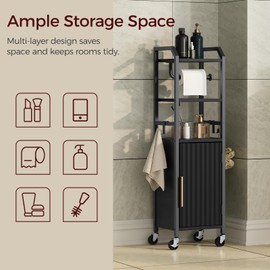 MAHANCRIS Small Bathroom Storage Cabinet, Slim Corner Floor Cabinet with Wheels, Narrow Bathroom Organizer with Adjustable Shelf, Toilet Paper Storage Cabinets, for Small Spaces, Black