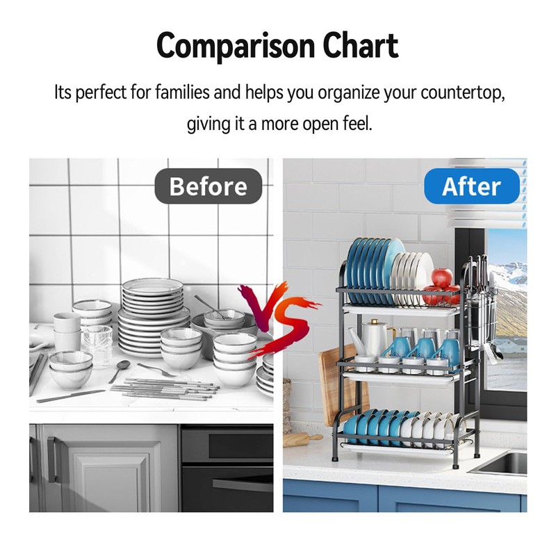 KUK 3 Tier Dish Drying Rack, Large Stainless Steel Over