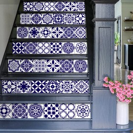 funlife 14pcs Peel and Stick Vintage Moroccan Pattern Stair Riser Decals, Retro Decorative Vinyl Stair Riser Stickers for Kitchen Living Room Home Decor, Navy Blue 39.37"x7.09"