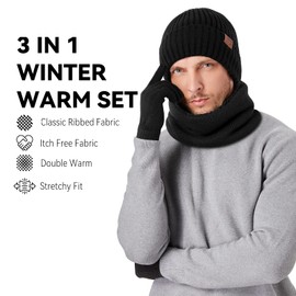 OZERO Winter Knit Beanie Gloves Scarf Set for Men Women: Scarf Glove Set Winter Warm Knitted Beanie Touchscreen Gloves - Black