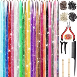 22 Colors 7700 Strands Hair Tinsel Kit, 48 Inch Glitter Tinsel Hair Extensions for July Fourth Christmas New Year Halloween Cosplay, Heat Resistant Fairy Hair Accessories for Girls, Kids, Women