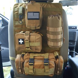 BXBXHD Universal Tactical Car Seat Back Organizer Bag Tactical Molle Vehicle Organizers Panel Vehicle Protector Organizers with 4 Detachable Pouches for Car Truck Ford Jeep Vehicle (Khaki)
