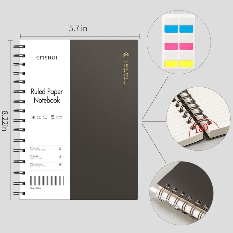 EMSHOI A5 Spiral Notebook College Ruled Lined Journal, Small 5.7"