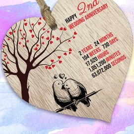 2nd Wedding Anniversary Wooden Heart Plaque, Light Wood Sign Keepsake, Celebrate Cotton Anniversary Wife Husband Boyfriend Girlfriend, Plaque with Quotes Gifts from the Kids