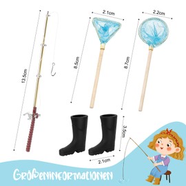 Miniatur Angelrute und Fischernetz 2 Stück Miniatur Regenstiefel 1/12 Miniatur Puppenhaus Zubehör