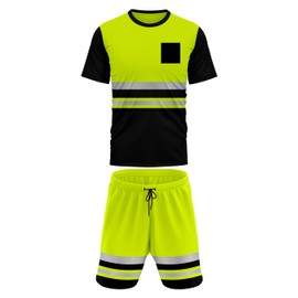 mymixtrendz Mens Hi Vis Visibility Reflective Tracksuit Short Sleeve Elasticated Waist Drwastring Cord Side Front Chest Pockets Work Wear Saftey Tshirt Shorts 2 Piece S/2XL