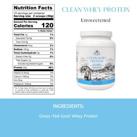 Mt. Capra Clean Whey Protein | Grass-Fed Undenatured Goat Whey Protein Powder | 24 g Protein Per Serving, All Natural, Non-GMO, High in Branch Chain Amino Acids | Unsweetened | 15 Servings - 16 oz