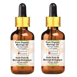 Greenwood essential Pure Organic Moringa Oil (Moringa oleifera) with Glass Dripper, Natural Therapeutic Quality, Cold Pressed (Pack of two) 100 ml x 2 (6.76 oz)