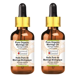 Greenwood essential Pure Organic Moringa Oil (Moringa oleifera) with Glass Dripper, Natural Therapeutic Quality, Cold Pressed (Pack of two) 100 ml x 2 (6.76 oz)