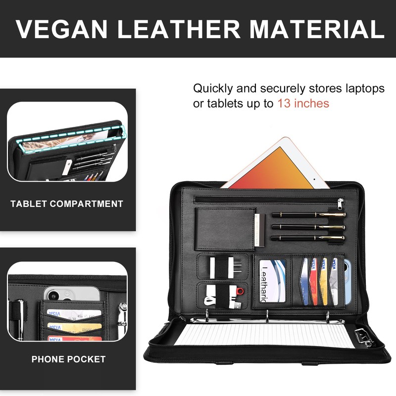 Leathario 3-Ring Portfolio Binder, Includes 5 Folder Index Dividers, 13