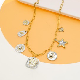 JNF Cute Boho Charm Necklace for Women Paperclip Chain Necklace Sun Moon Star Coin Heart Flower Boot Boho Bow Charms Necklaces (sun moon star cross heart)