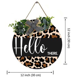 Hello There Wooden Hanging Sign, Leopard Welcome Wooden Front Door Hanging Sign Vintage Wreath Sign, Round Rustic Farmhouse Porch Decor 12 x 12 inches