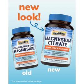 Vitalibre Magnesium Citrate Complex Supplement, 420 mg Elemental Magnesium, Vitamins D3 & B6, Bone Health, Relaxed Brain, Nerves, Enhanced Absorption with Black Pepper, 120 Capsules, Non-GMO