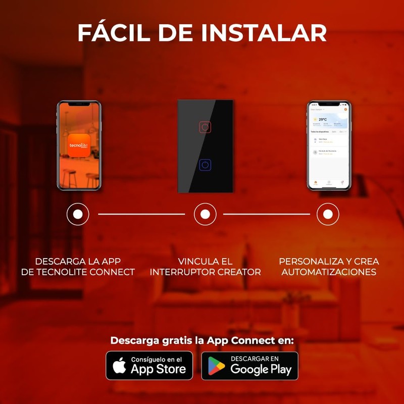 Tecnolite Connect - Apagador Inteligente Táctil WiFi 2 Circuitos, Requiere