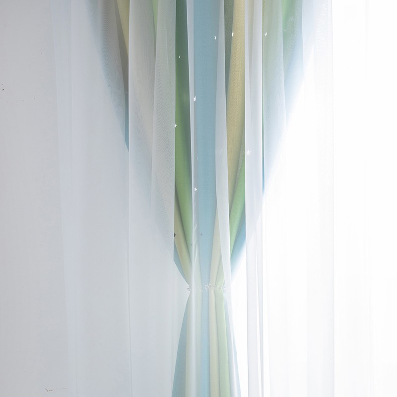 2pc Curtain Simple Gradient Hollow-out Star Pattern Double Layer Blackout
