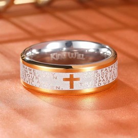 King Will 8mm Lord's Prayer Cross Ring Mens Stainless Steel Ring Gold Silver Wedding Band Bible Engraved Rings High Polished 10