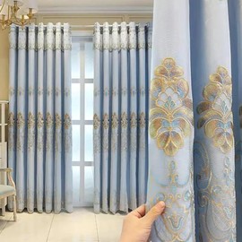 Amidoudou 1 Pair European Curtains with Valance Attached Double Layer Curtains for Living Room Bedroom (Blue,51x84 Inch)