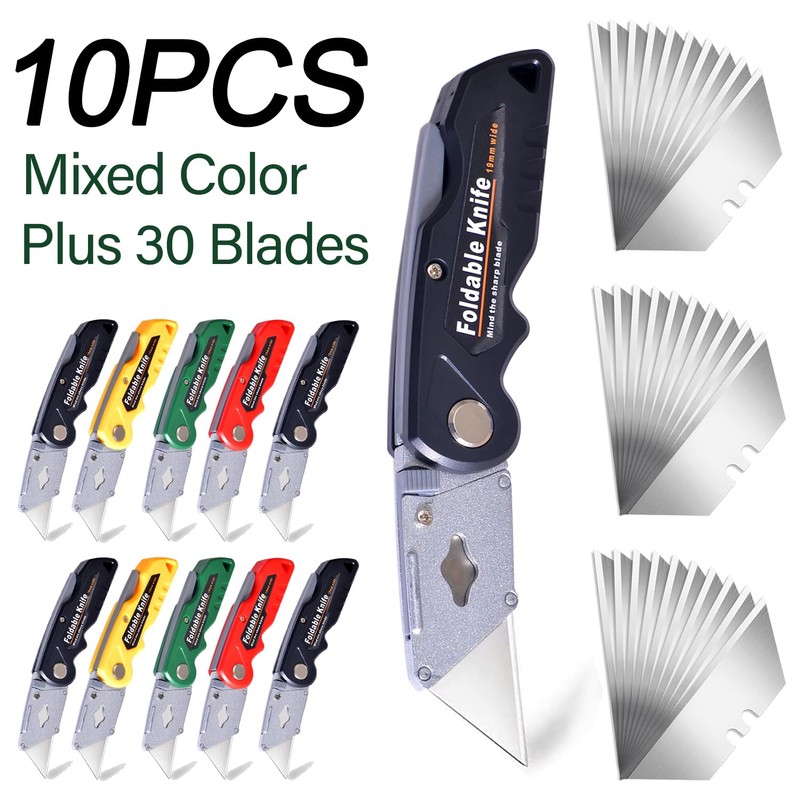 10-Pack Heavy Duty Folding Box Cutter Set with 30 Replacement