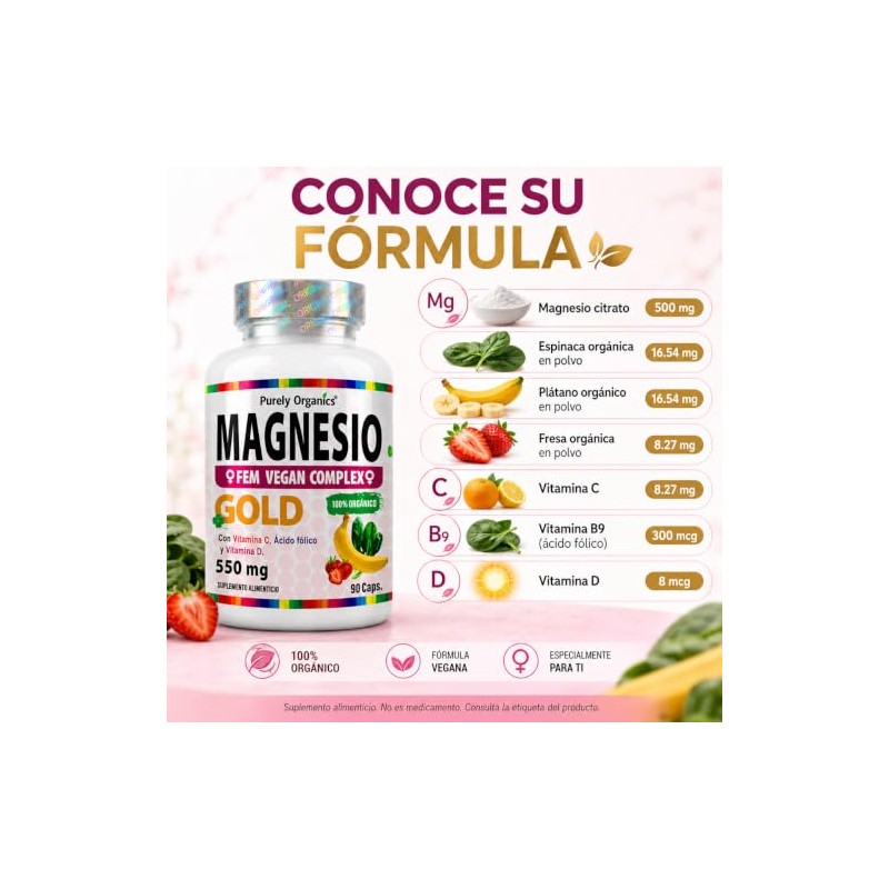 Magnesio Complex Fem Citrato Ácido Fólico Vitamina Bienestar Diario Purely
