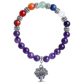 Mookaitedecor Tree of Life 8 mm Gemstone Bracelets Natural Healing Crystal Genuine Stone Bead Birthstone Stretch Bracelet for Men and Women, Iron