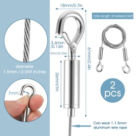 Pack of 2 Wire Rope Adjustable Steel Rope Hanging, 1.5 mm Stainless Steel Rope with Loop and Hook Rope Suspension, Stainless Steel Picture Hanging Rope Curtain Hanger for Curtains Pictures (2 m, Max