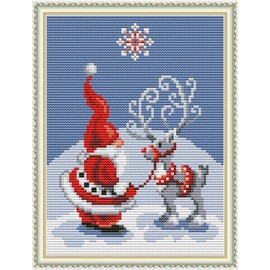 CROSSDECOR Cross Stitch Stamped Kits 11CT 9X11 inch Pre-Printed Cross-Stitching Starter Patterns for Beginner Kids or Adults, Embroidery Needlepoint Kits Santa Claus Christmas Deer