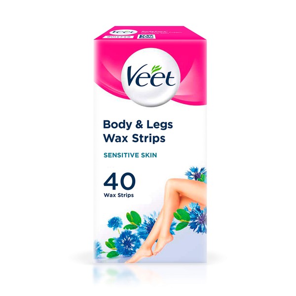 Veet Body And Legs Cold Wax Strips For Sensitive Skin, With Almond Oil And Vitamin E, Pack Of 40 Wax Strips (20 Double Sided Strips)