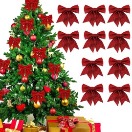 FaJoek Christmas Bows Red, Pack of 10 Christmas Tree Decoration Bows, Christmas Tree Bow Bow, Gift Bow Glitter, Decorative Bow, Christmas Tree Bows for Decorations (Red)