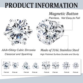Subiceto 10 Pairs Stainless Steel Magnetic Stud Earrings for Women Men Non Piercing Cz Hypoallergenic Round Square Star Heart Pearl Clip on Earrings Set 6/8mm Silver