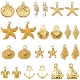 SUNNYCLUE 1 Box 72Pcs 12 Styles Gold Beach Charms Summer Ocean Animal Charms Bulk Alloy Sea Turtle Starfish Seashell Seahorse Sailboat Sea Theme Golden Charm for Jewelry Making Charms Crafts Bracelet