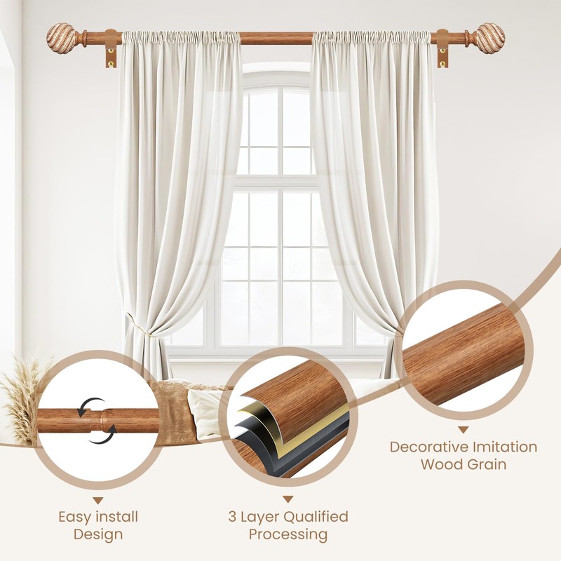 TKZTKZ Wood Curtain Rods for Windows 66-120" 2 Pack:Boho Farmhouse
