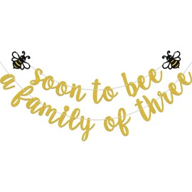 Aumccxz Soon to Bee a Family of Three Banner - Gender Reveal Baby Shower Bee Themed Party Decorations - Mommy to Bee Welcome Baby Party Decor Sign Gold & Black