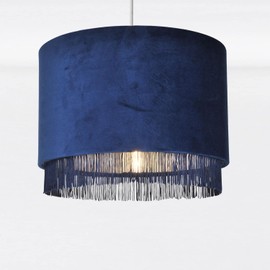 firstchoicelighting Navy Velvet Easy Fit Ceiling Light Shade 30cm Pendant Shade with Tassel Detail Metallic Chrome Inner Easy Fit - No Wiring Required Diameter 30cm