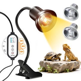 TFNN Reptile Heat Lamp, Heat Lamp with Clamp, UVA UVB Reptile Light with Intelligent Cycle Timer for Turtle, Bearded Dragon, Lizard and More, 2 Bulbs 50W+75W