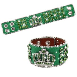 EVERBLTING Crown Rhinestone Bracelet For Men And Women, Leather Cuff Bracelet, Punk Bracelet, Studded Wristband, Fashion Bracelet, Adjustable Silver Leather Wristband (Green)