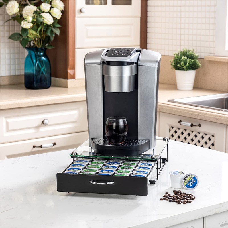 K cup holder Drawer with Glass Top,Storage Coffee Capsules Organizer