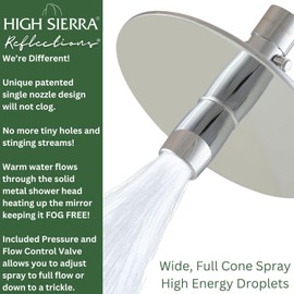 High Sierra® NEW Gen 3 'Reflections' Solid Metal 1.25 GPM. High Efficiency Ultra Low flow Shower Head & Self-Heating 6” Fogless Mirror In One. Lead-Free - Brushed Gold Finish