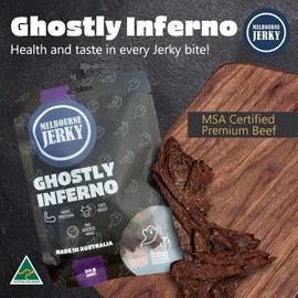 Melbourne Jerky, Premium Beef Jerky, Healthy Snack Alternative, High-Protein Snack, Wholesome, Tender, Juicy, Flavorful, MSA Grade, Australian Made, Ready-to-Eat, 50gms, Ghostly Inferno Flavored