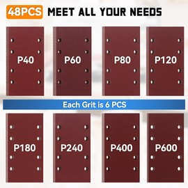 Aucenix Sanding Sheets for Electric Sander: 48Pcs Hook and Loop Sandpaper 93 x 185 mm - Rectangular Sander Pads with 8 Holes Assorted (40/60/80/120/180/240/400/600) for Wood